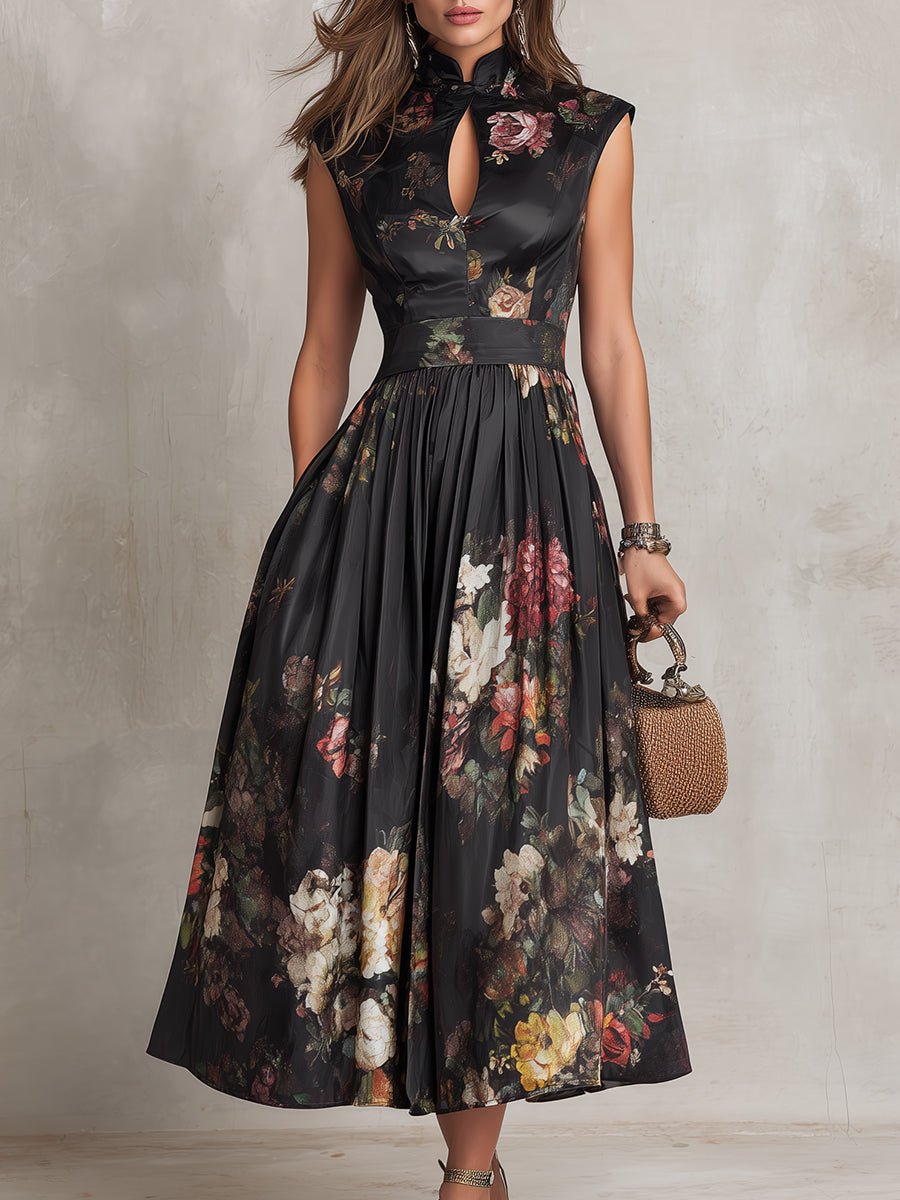 Robe Midi Plissée en Satin avec Col à Oeil de Verre Noir