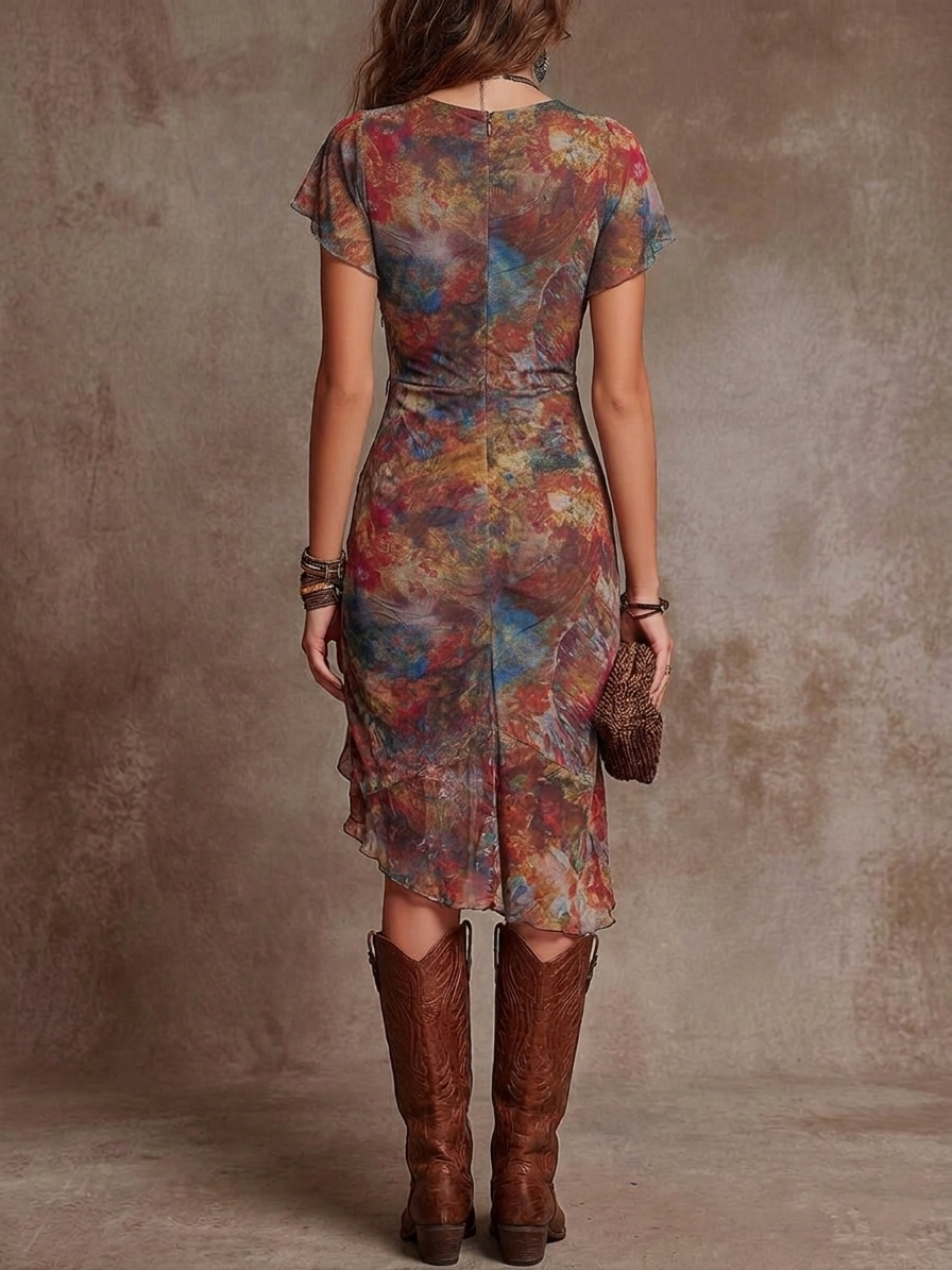 Martina - Robe Midi Plissée avec Décolleté en V, Imprimé Art Abstrait de Style Bohémien