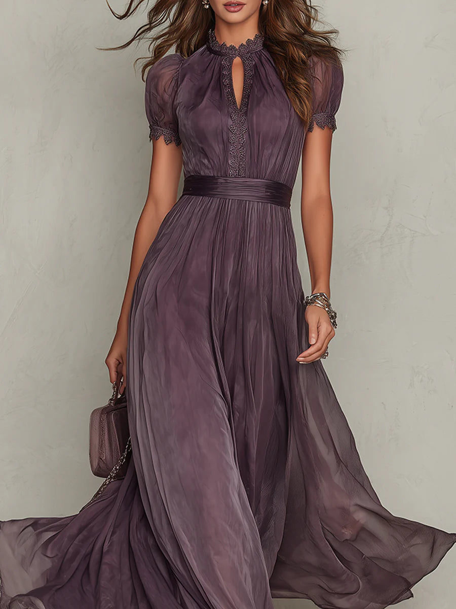 Robe Maxi en Chiffon avec Détail en Dentelle et Col en Trou de Clé Violet