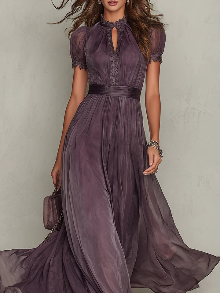 Robe Maxi en Chiffon avec Détail en Dentelle et Col en Trou de Clé Violet