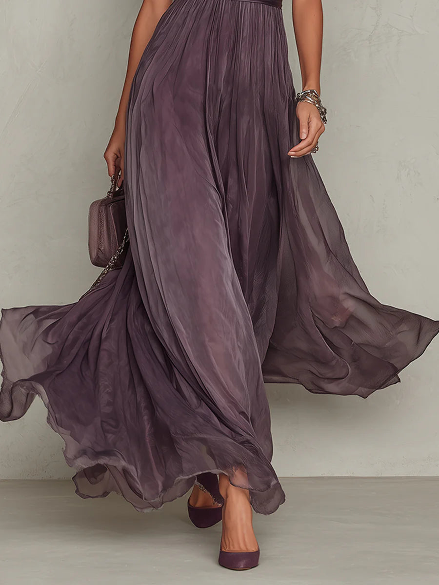 Robe Maxi en Chiffon avec Détail en Dentelle et Col en Trou de Clé Violet