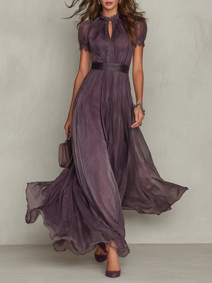 Robe Maxi en Chiffon avec Détail en Dentelle et Col en Trou de Clé Violet