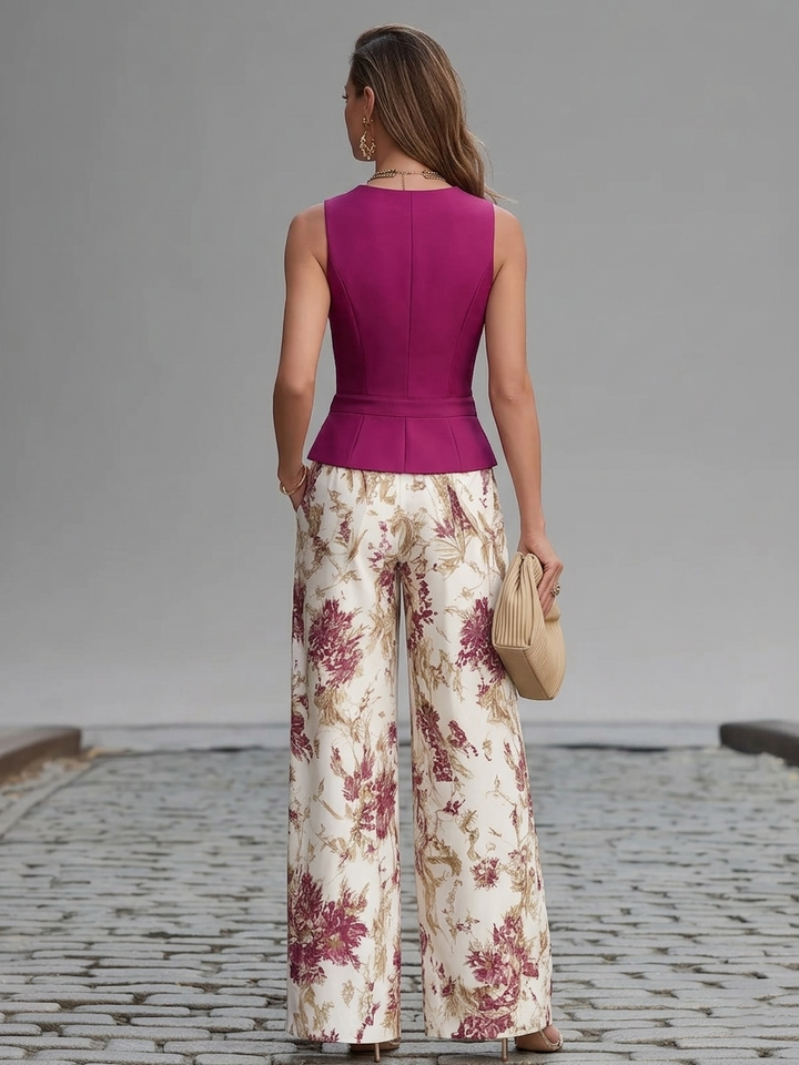 Ensemble débardeur sans manches rose et pantalon large à imprimé floral
