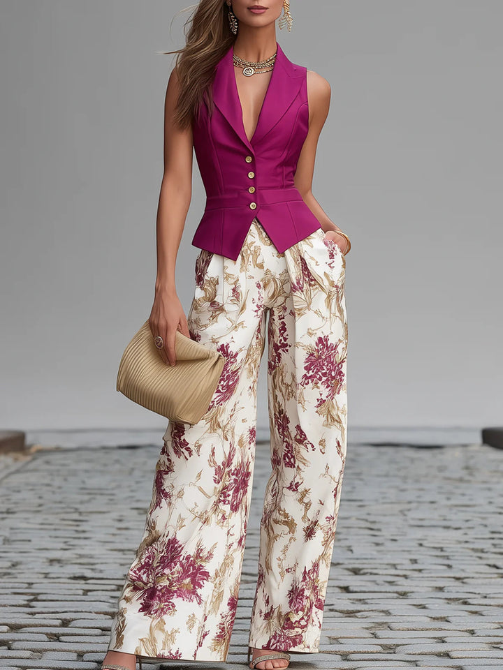 Ensemble débardeur sans manches rose et pantalon large à imprimé floral