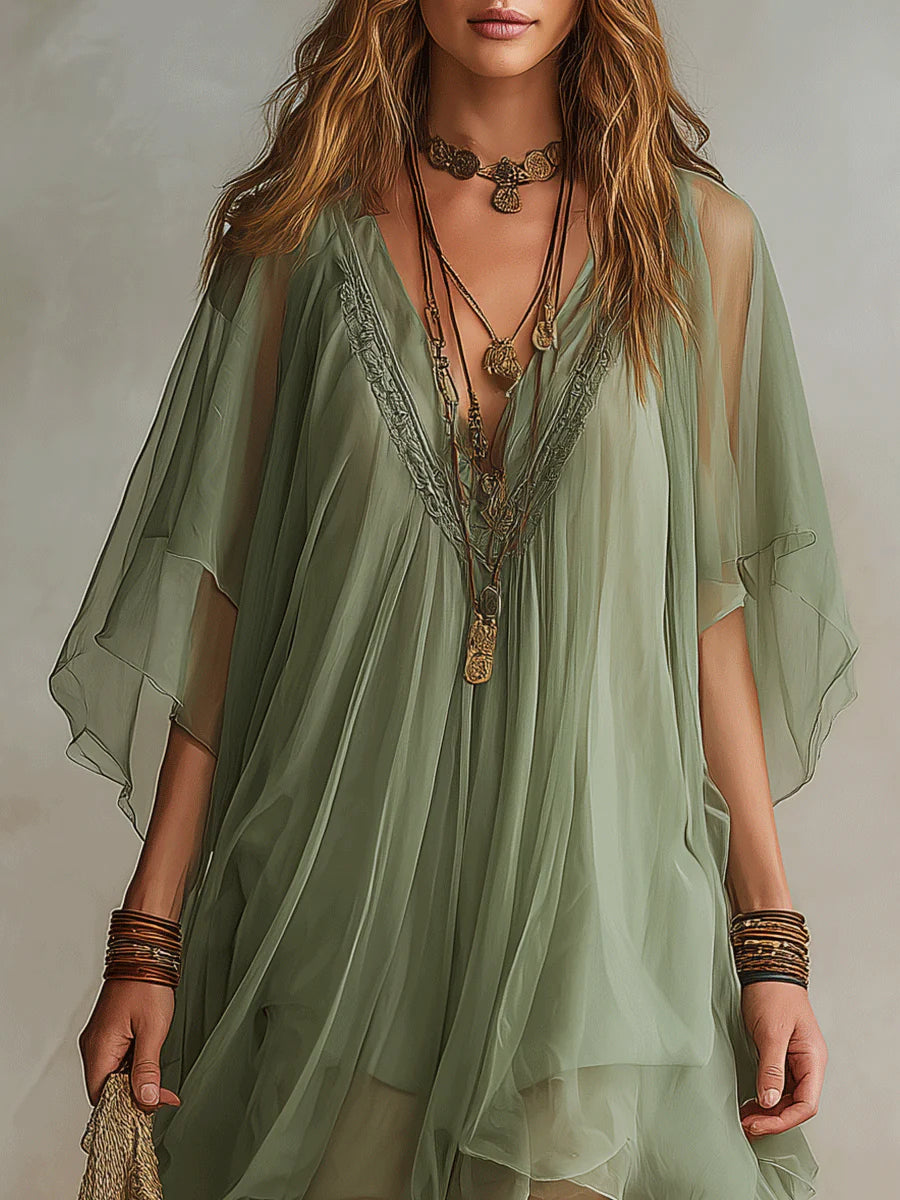 Robe Mini Flowy à Volants en Chiffon Vert à Col V