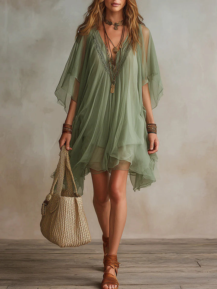 Robe Mini Flowy à Volants en Chiffon Vert à Col V