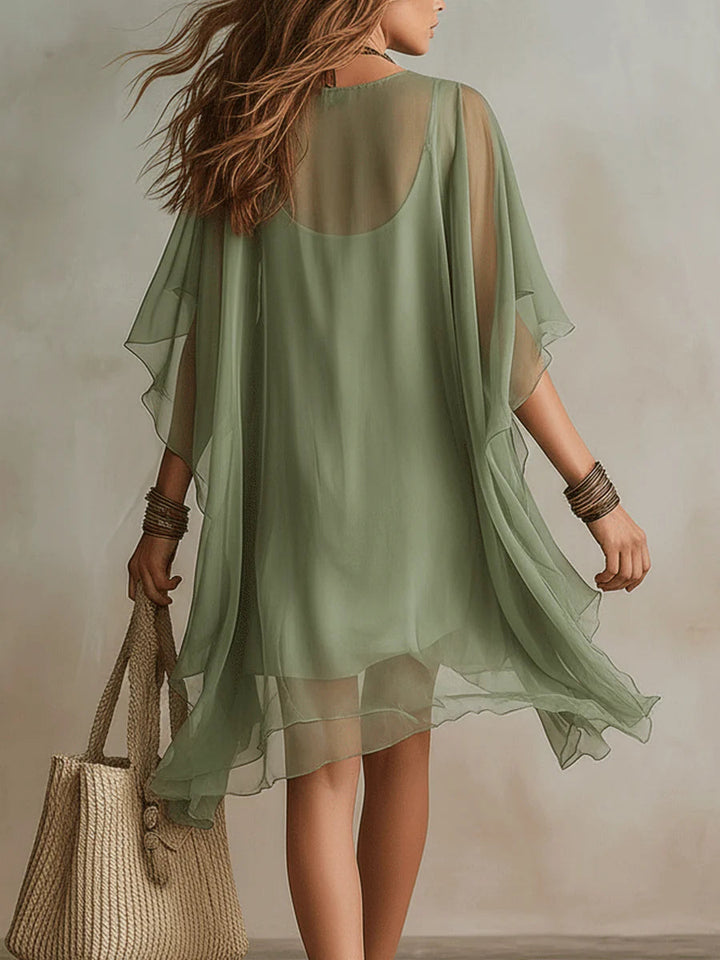 Robe Mini Flowy à Volants en Chiffon Vert à Col V