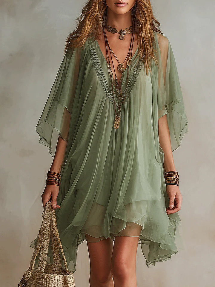 Robe Mini Flowy à Volants en Chiffon Vert à Col V