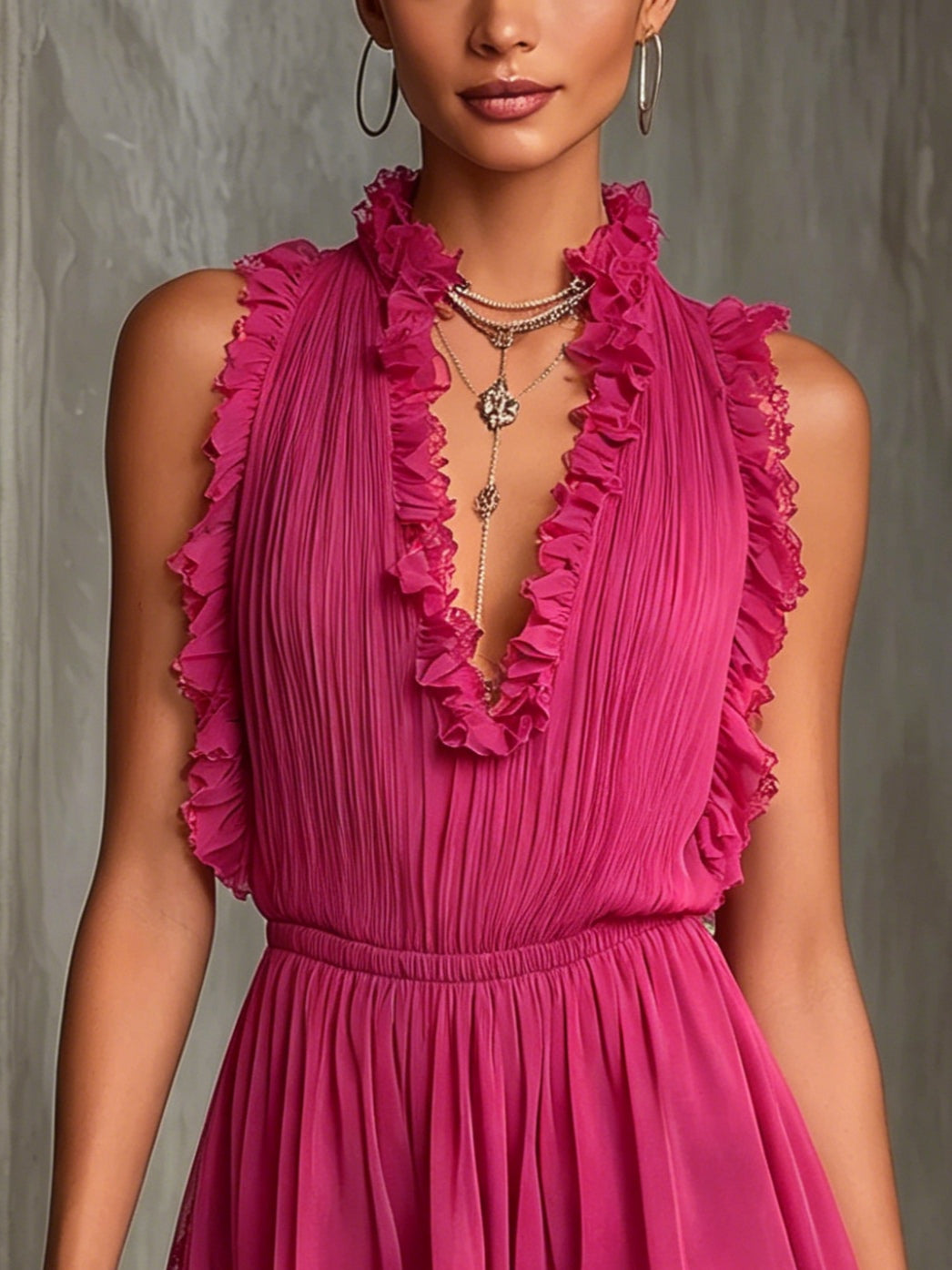 Jumpsuit en Chiffon Plissé avec Volants Fuchsia