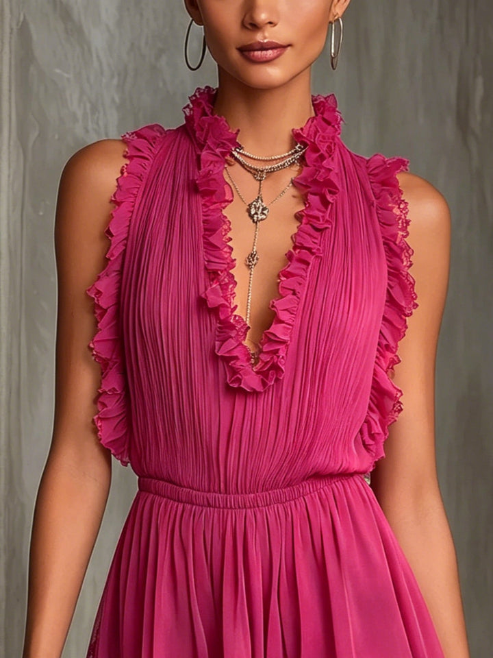 Jumpsuit en Chiffon Plissé avec Volants Fuchsia