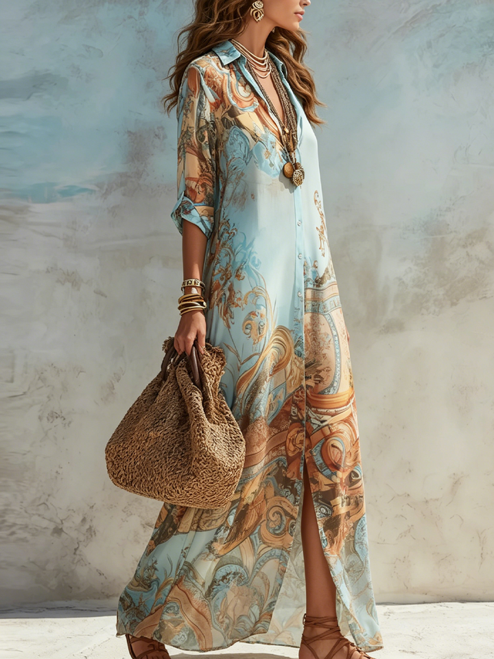 Luisa | Robe maxi chemisier fluide à élégance méditerranéenne