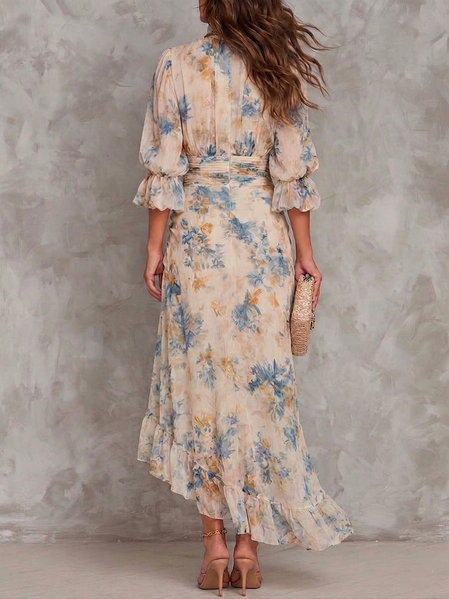 Robe Maxi Imprimé Floral Huile Beige Col Roulé Chiffon Irregulier