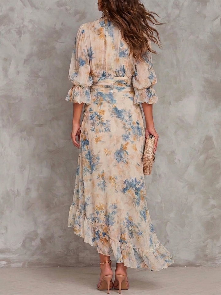 Robe Maxi Imprimé Floral Huile Beige Col Roulé Chiffon Irregulier