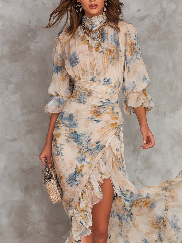 Robe Maxi Imprimé Floral Huile Beige Col Roulé Chiffon Irregulier