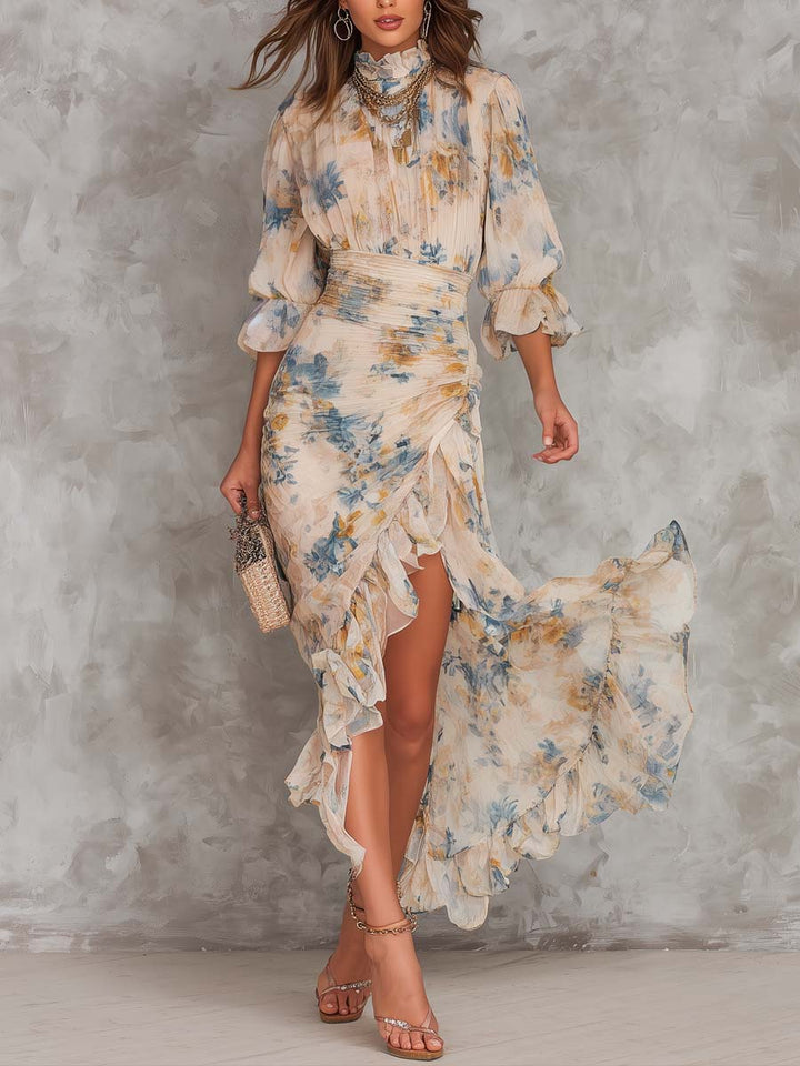 Robe Maxi Imprimé Floral Huile Beige Col Roulé Chiffon Irregulier