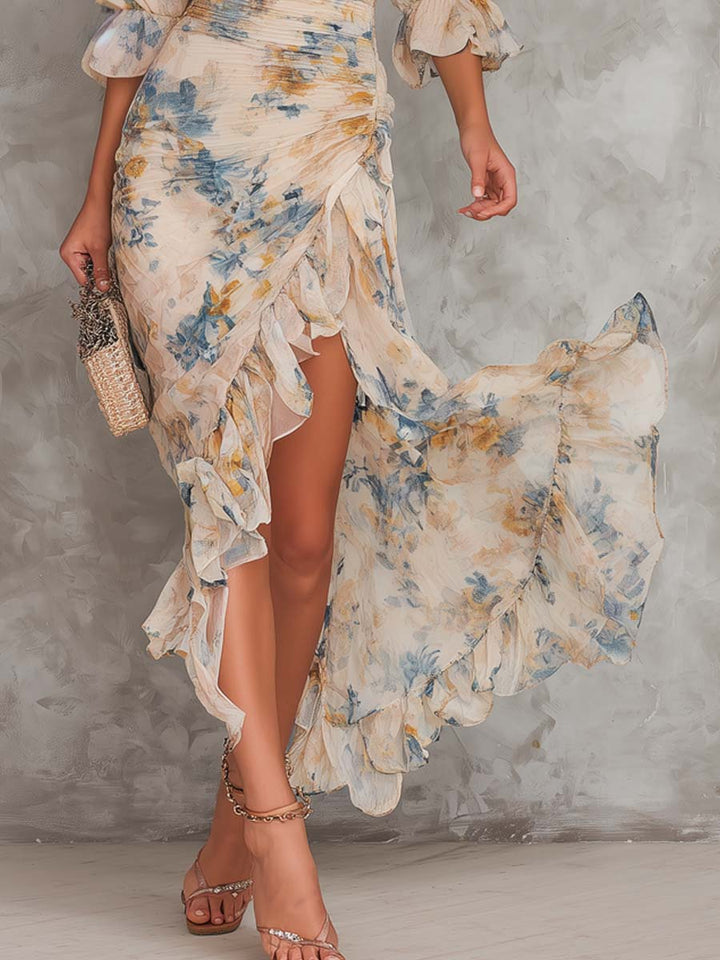 Robe Maxi Imprimé Floral Huile Beige Col Roulé Chiffon Irregulier