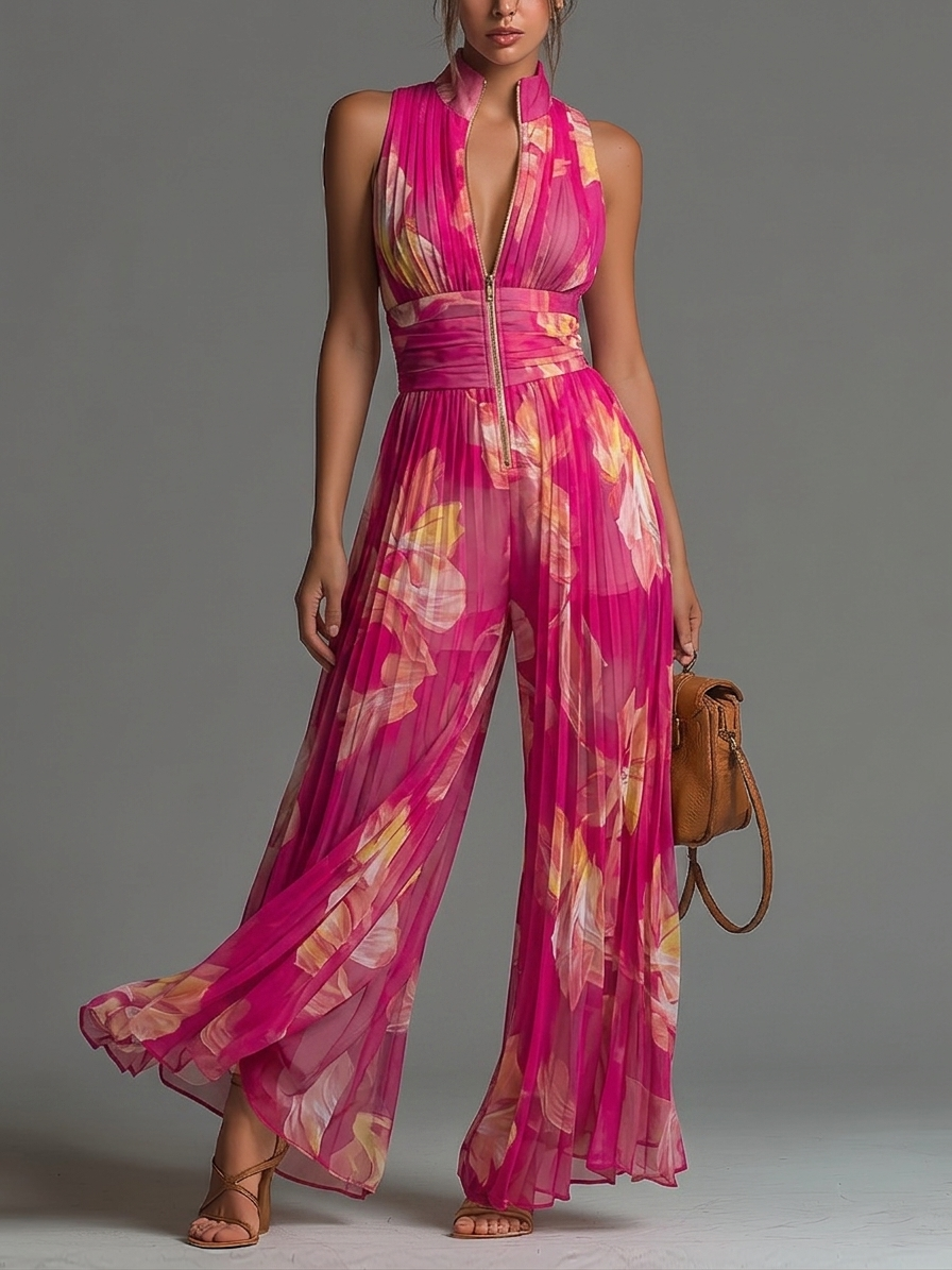 Combinaison Zsófia - Chiffon plissé floral fuchsia