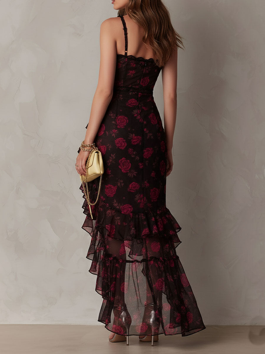 Robe Chic Noire et Rouge à Volants et Fronces