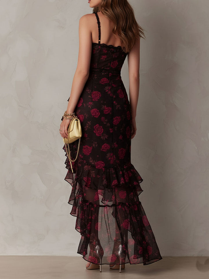 Robe Chic Noire et Rouge à Volants et Fronces