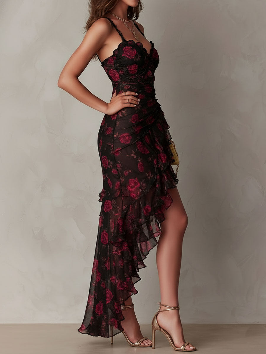 Robe Chic Noire et Rouge à Volants et Fronces