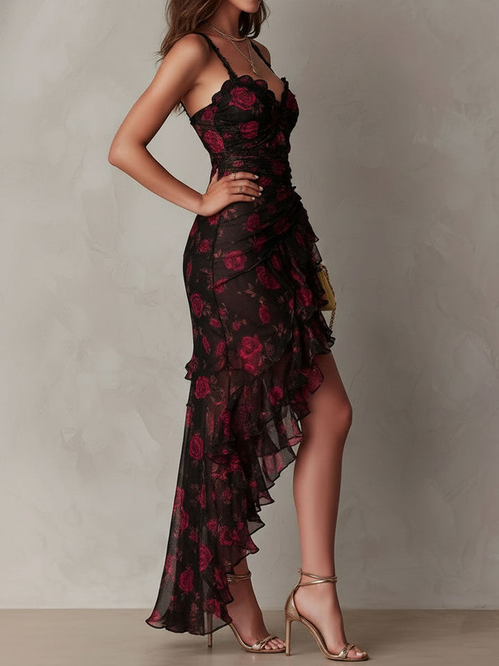 Robe Chic Noire et Rouge à Volants et Fronces