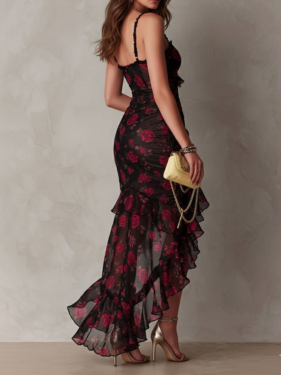 Robe Chic Noire et Rouge à Volants et Fronces
