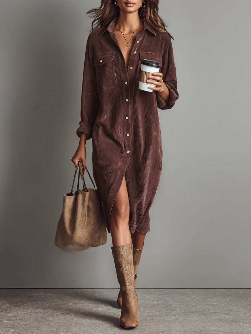 Evelyn - Robe Midi en Velours Côtelé Détendue