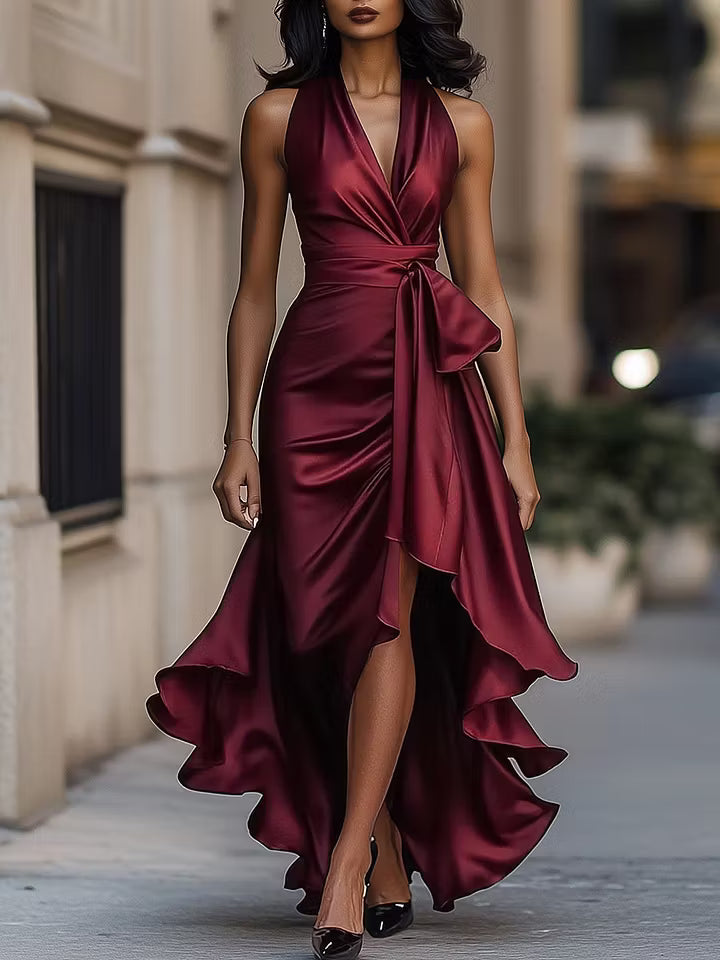 Scarlett | Robe à volants en satin à col halter