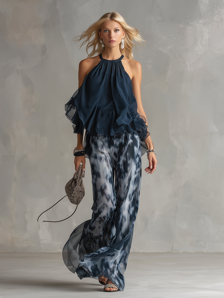 Ludovica – Ensemble en chiffon élégant avec top à col montant et pantalon large imprimé