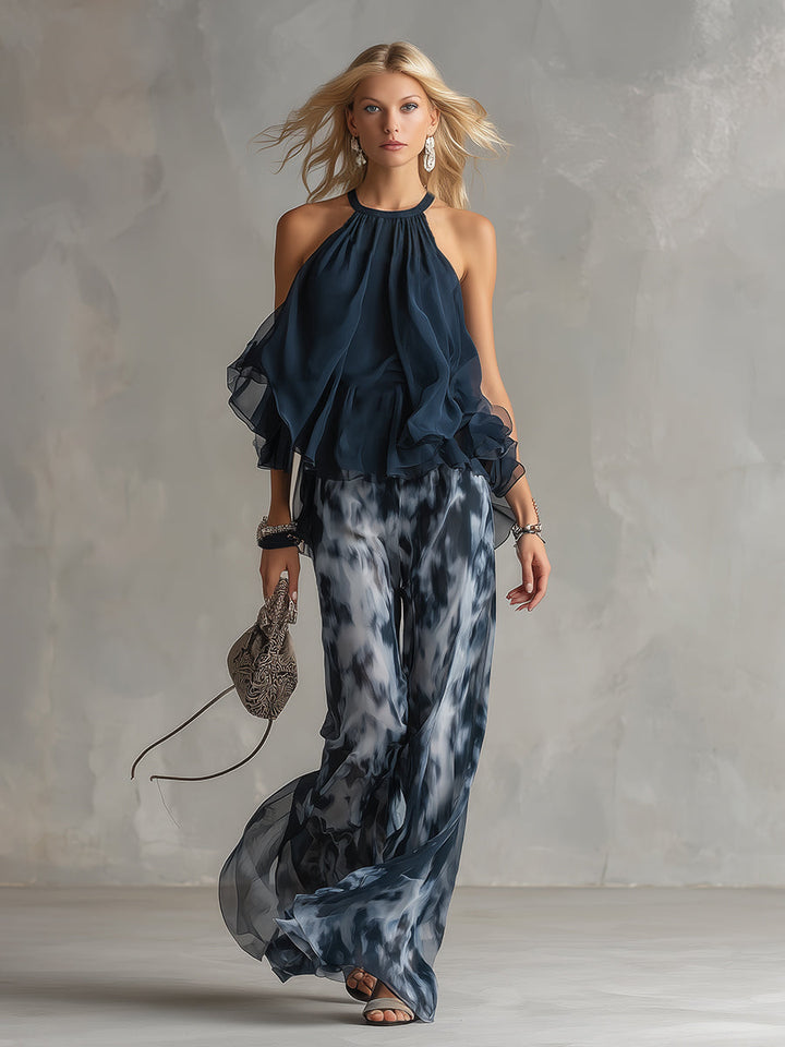 Ludovica – Ensemble en chiffon élégant avec top à col montant et pantalon large imprimé