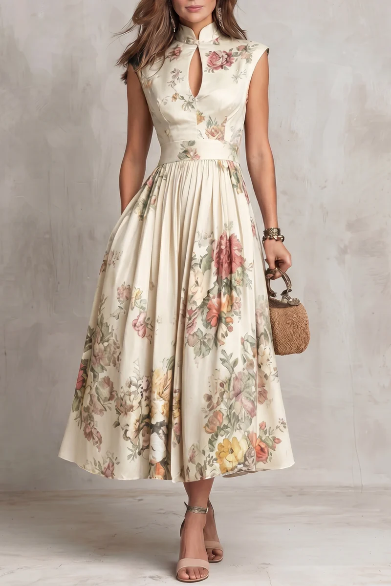 Robe Midi Plissée en Satin avec Col à Oeil de Verre Noir