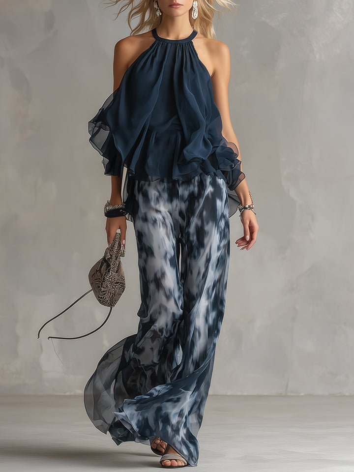 Ludovica – Ensemble en chiffon élégant avec top à col montant et pantalon large imprimé