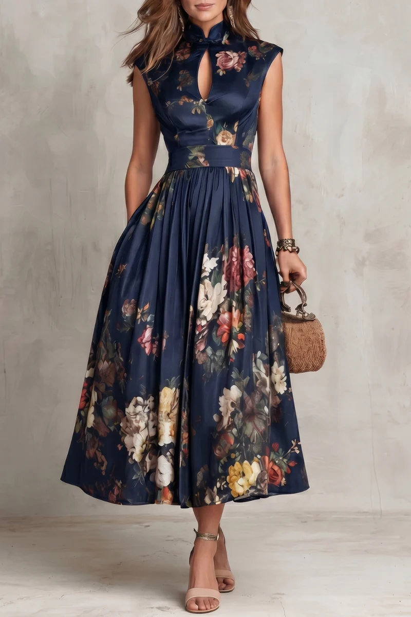 Robe Midi Plissée en Satin avec Col à Oeil de Verre Noir
