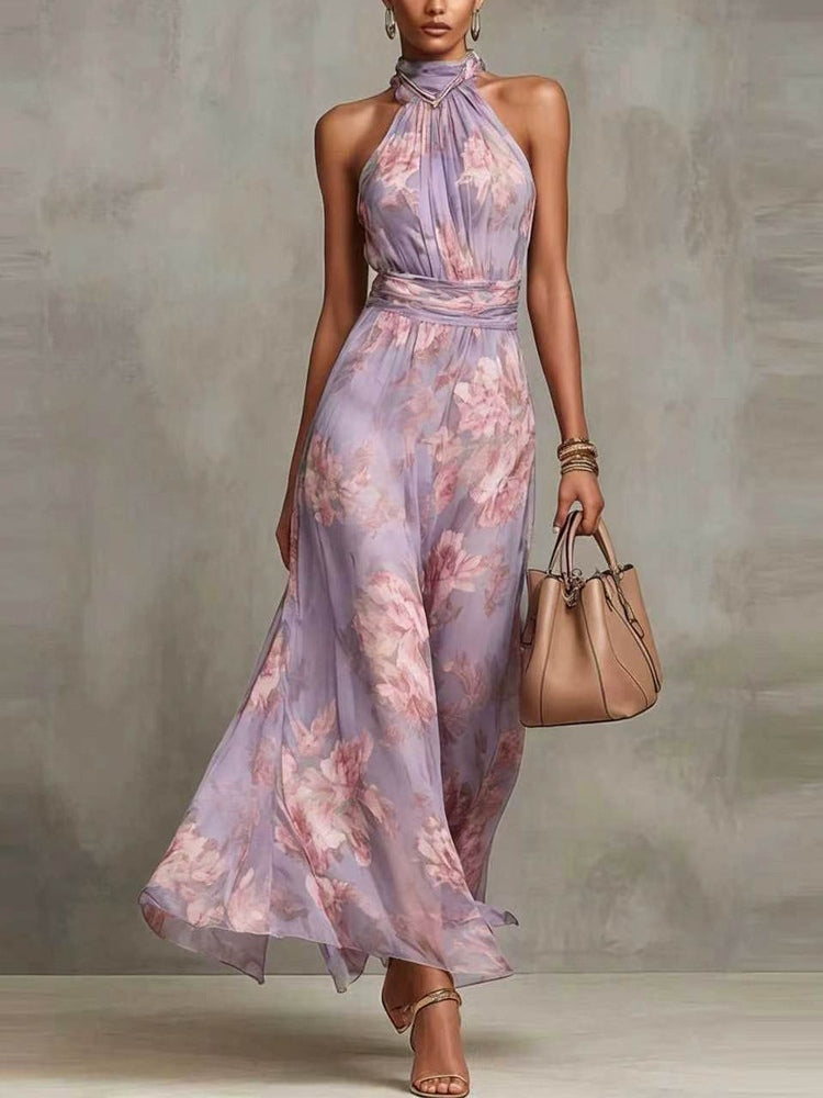 Leah - Robe Maxi en Chiffon Floral Vert avec Décolleté Halter