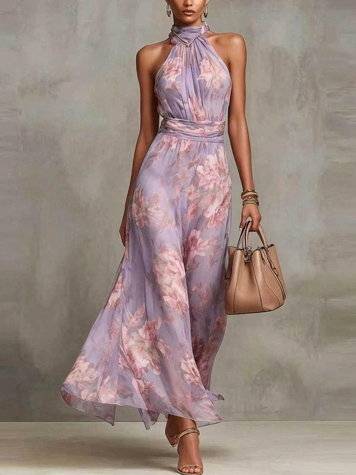 Leah - Robe Maxi en Chiffon Floral Vert avec Décolleté Halter