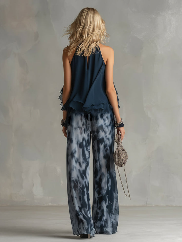 Ludovica – Ensemble en chiffon élégant avec top à col montant et pantalon large imprimé