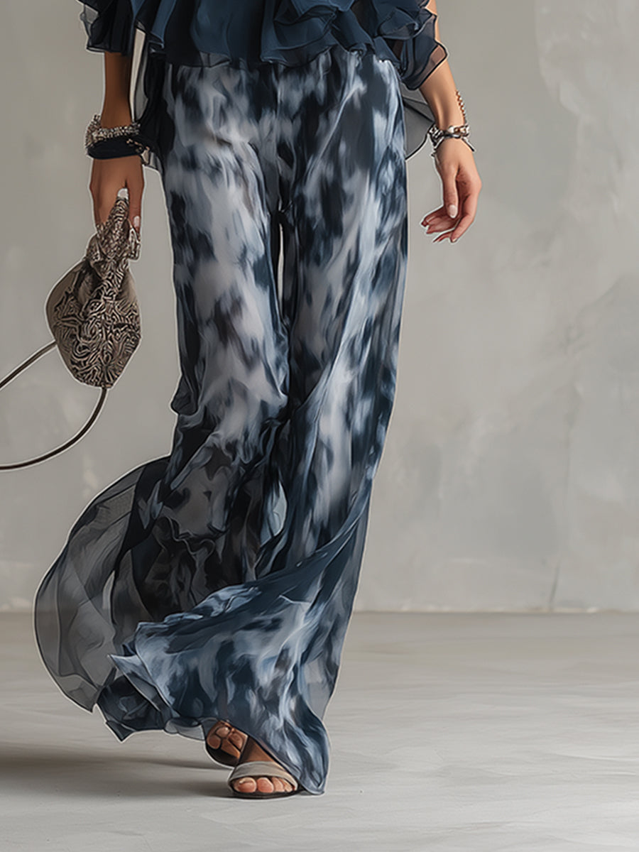 Ludovica – Ensemble en chiffon élégant avec top à col montant et pantalon large imprimé