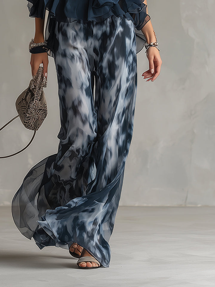 Ludovica – Ensemble en chiffon élégant avec top à col montant et pantalon large imprimé