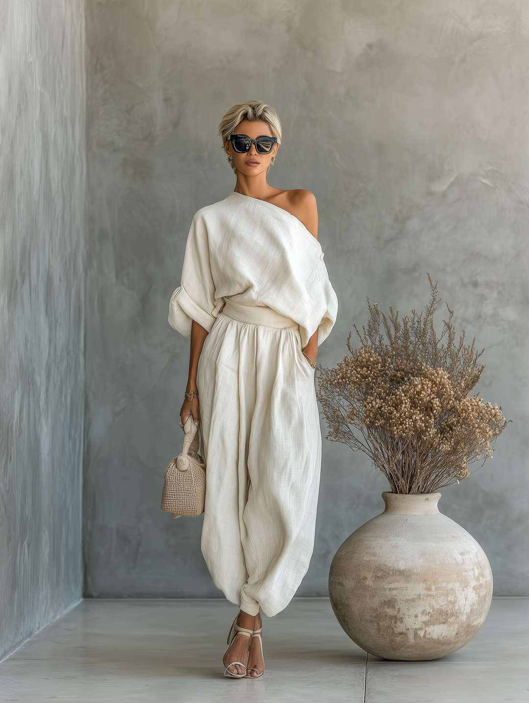 Ensemble en Lin Blanc Cassé pour Femmes avec Haut Off-Shoulder et Pantalons Étroits