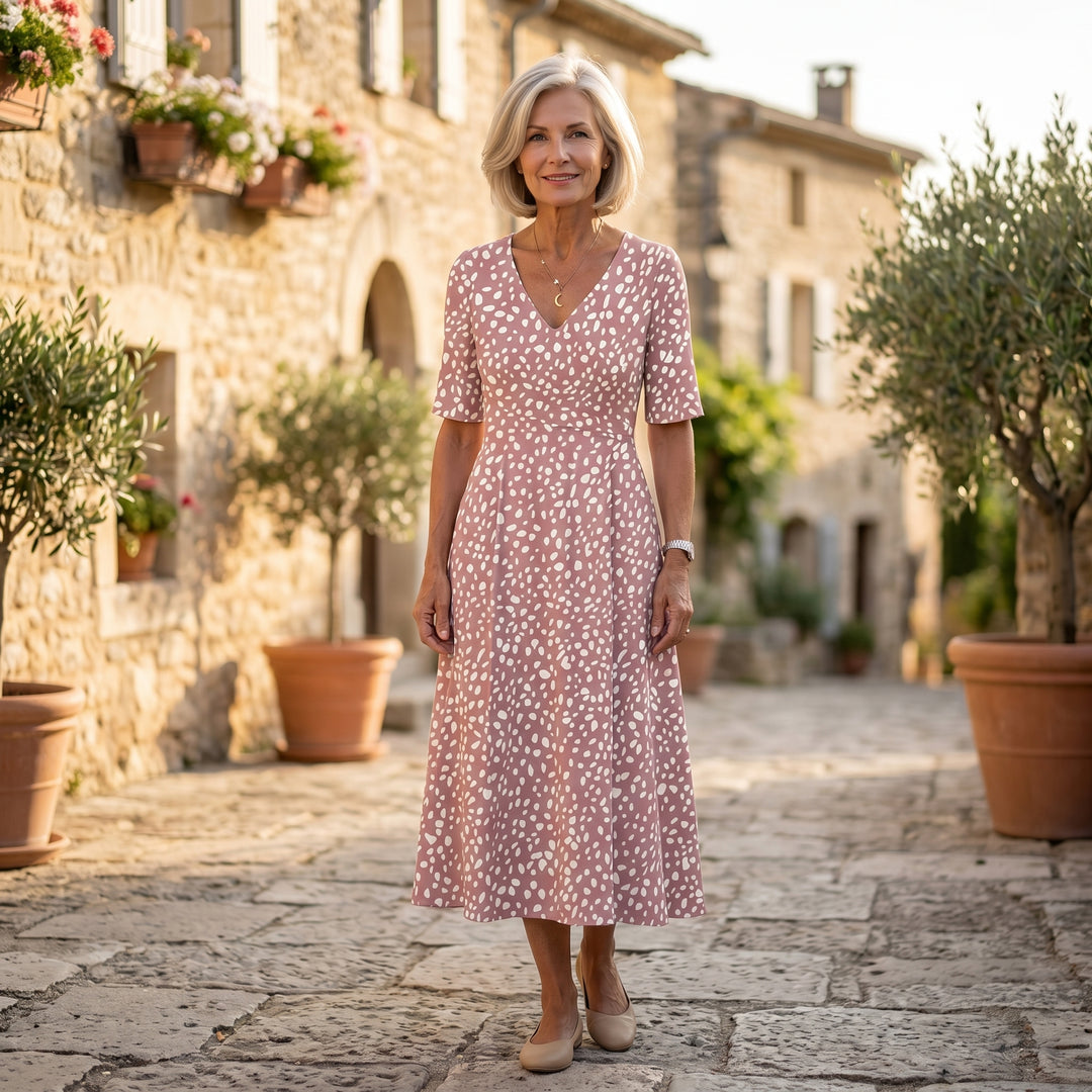 COLETTE | ROBE MIDI À POIS ÉLÉGANTE ET FLATTEUSE POUR LE VENTRE
