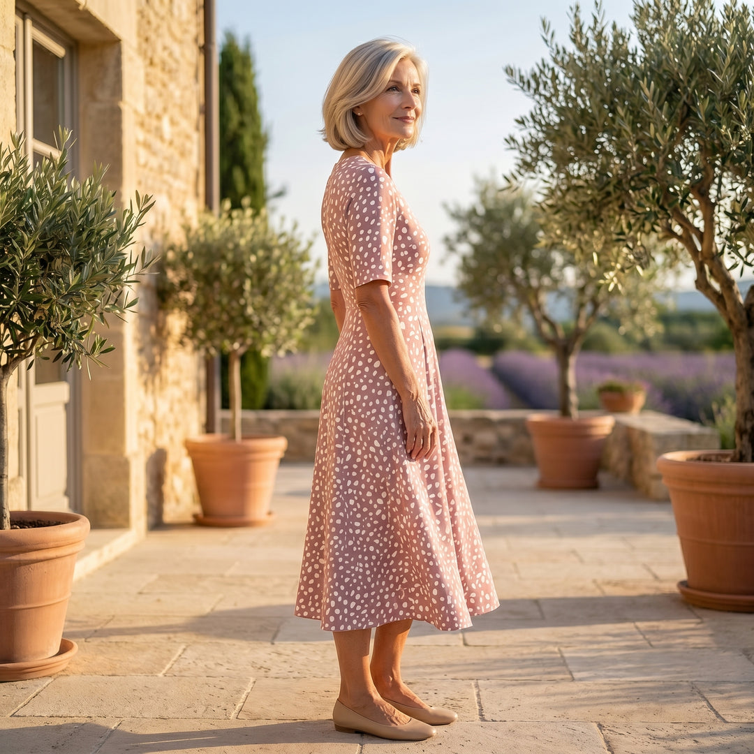 COLETTE | ROBE MIDI À POIS ÉLÉGANTE ET FLATTEUSE POUR LE VENTRE
