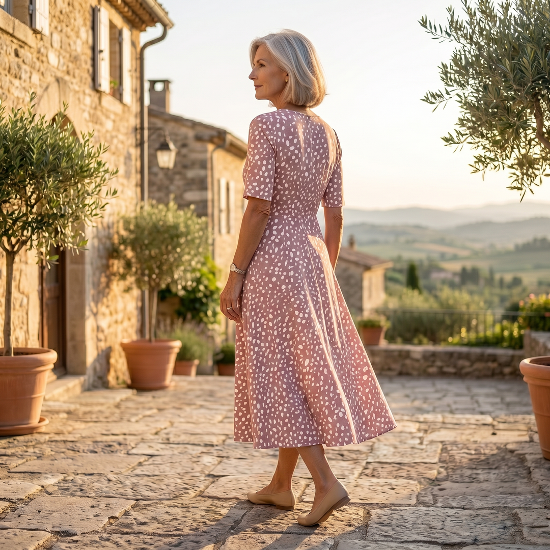COLETTE | ROBE MIDI À POIS ÉLÉGANTE ET FLATTEUSE POUR LE VENTRE