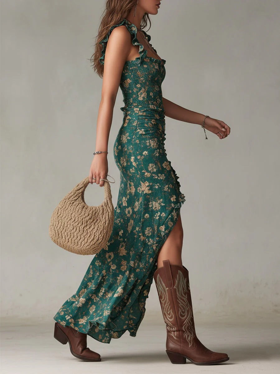 Zara | Robe Maxi Fleurie Bohème Froncée avec Fente Latérale