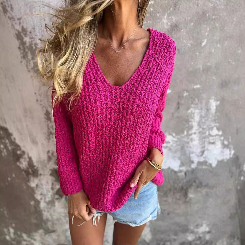 Pull au crochet structuré à manches longues et décolleté en V profond